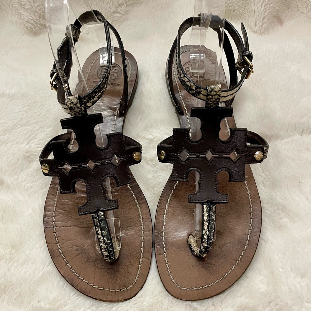 * Tory Burch Phoebe Snake-Embossed Flat Sandals
